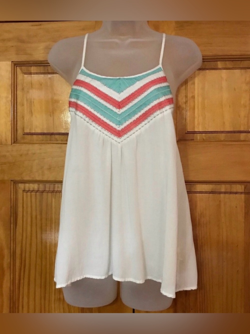 Teal Dove White Spaghetti Strap Razor Back Tank Top w/ Teal & Coral Neckline
Lad